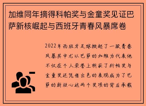 加维同年摘得科帕奖与金童奖见证巴萨新核崛起与西班牙青春风暴席卷 加维同年摘得科帕奖与金童奖见证巴萨新核崛起与西班牙青春风暴席卷